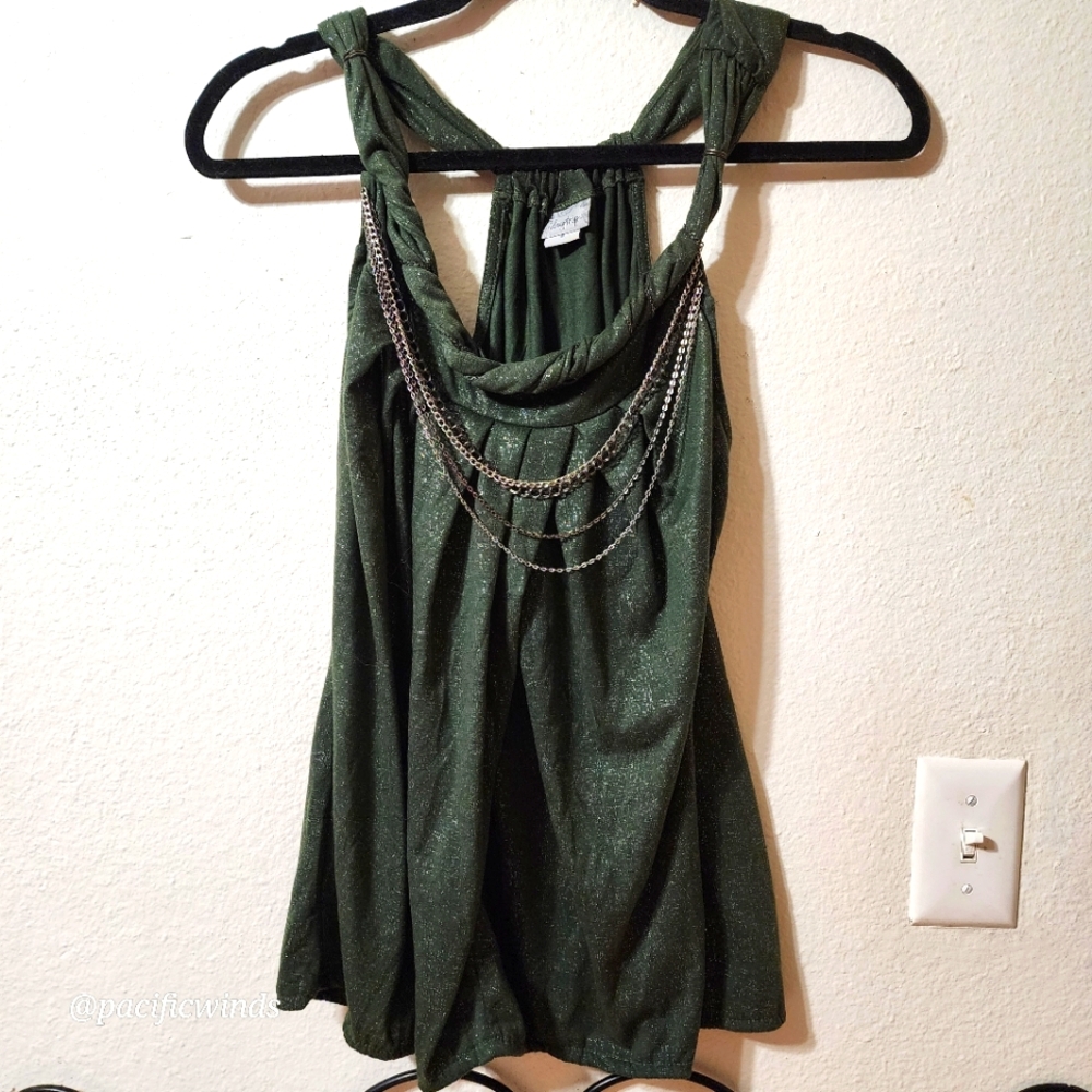 DAYTRIP METALLIC GREEN TWISTED NECK TOP ATTACHED CHAINS SMALL